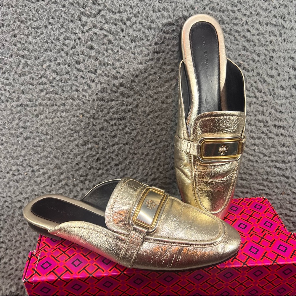 Tory Burch Womens Size 9 Georgia Backless Leather Loafers Spark Gold Metallic